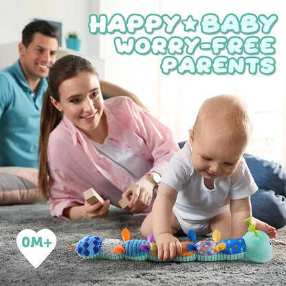 Baby Toys 0 to 12 Months, Musical Stuffed Animal Activity Soft Toy with Multi-Sensory Crinkle, Rattle and Textures, Infant Tummy Time Toys for Newborn Boys Girls, Caterpillar, Blue