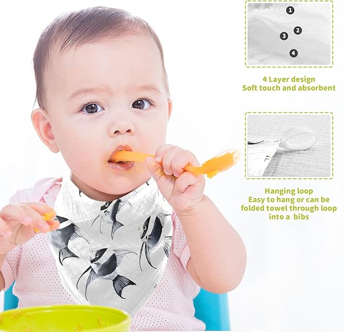 vvfelixl Black and White Angelfish Baby Burp Cloths Baby Muslin Washcloths for Boys Girls Cotton Babys Face Towel for Newborn Infants Soft and Absorbent 11.8 X 11.8 in, 5 Pack