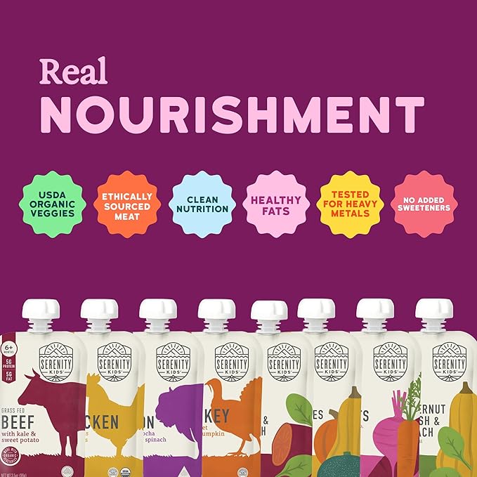 Serenity Kids 6+ Months Baby Food Puree Pouch - 3.5 Oz, 18 Count, Meat & Veggie Mix - Protein-Packed Food Pouches with 5g Protein - No Added Sugar Baby Snacks - Recyclable Containers for Toddler Meals
