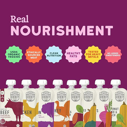 Serenity Kids 6+ Months Baby Food Puree Pouch - 3.5 Oz, 18 Count, Meat & Veggie Mix - Protein-Packed Food Pouches with 5g Protein - No Added Sugar Baby Snacks - Recyclable Containers for Toddler Meals