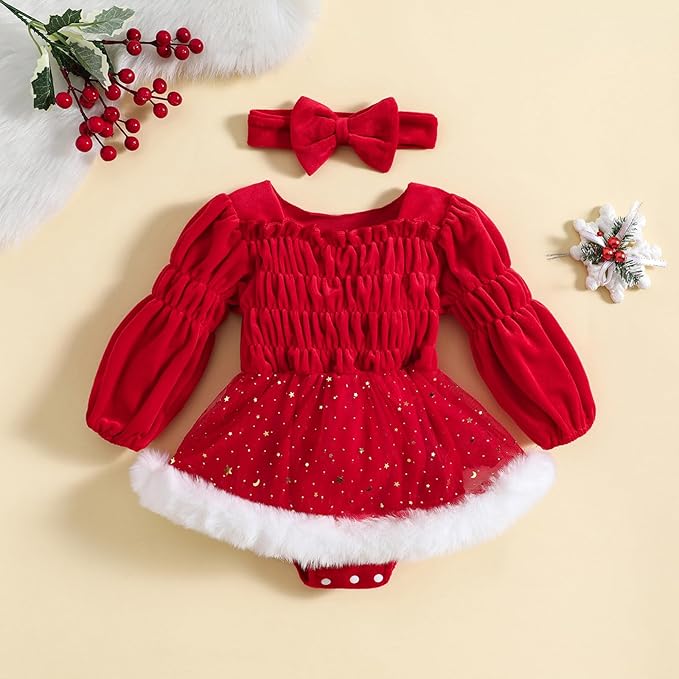 Hnyenmcko Newborn Baby Girl Christmas Clothes Infant Red Plaid Romper Dress Ruffle Long Sleeve Ribbed Bodysuit Headband Set