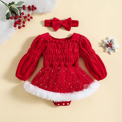Hnyenmcko Newborn Baby Girl Christmas Clothes Infant Red Plaid Romper Dress Ruffle Long Sleeve Ribbed Bodysuit Headband Set