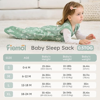 Baby Sleep Sack 0-6 months, 100% Cotton Sleeping Sack for Newborn and Infant, 3 Pack Baby Wearable Blanket for Boy and Girl, 0.5 Tog Lightweight Double Zipper Sleep Bag Green Apricot Bear