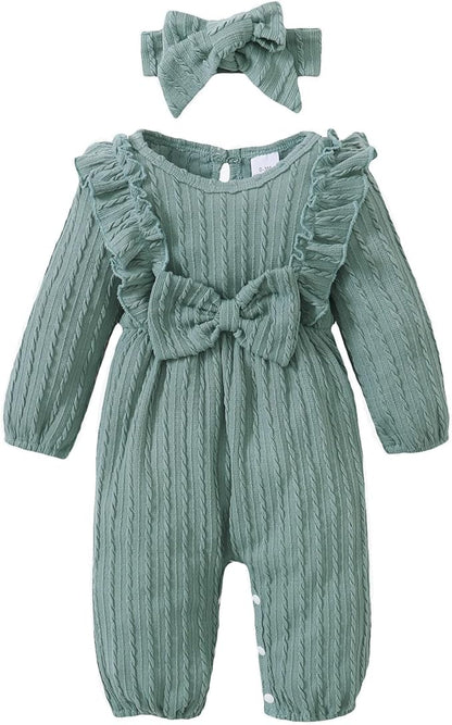Happy Town Baby Girl Romper Infant Fall Winter Clothes Ruffle Sweater Long Sleeve Bodysuit Jumpsuit and Headband