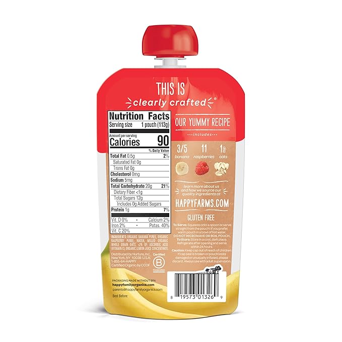 Happy Baby Organics Stage 2 Baby Food Pouches, Gluten Free, Vegan & Healthy Snack, Clearly Crafted Fruit & Veggie Puree, Bananas, Raspberries & Oats, 4 Ounces (Pack of 16)