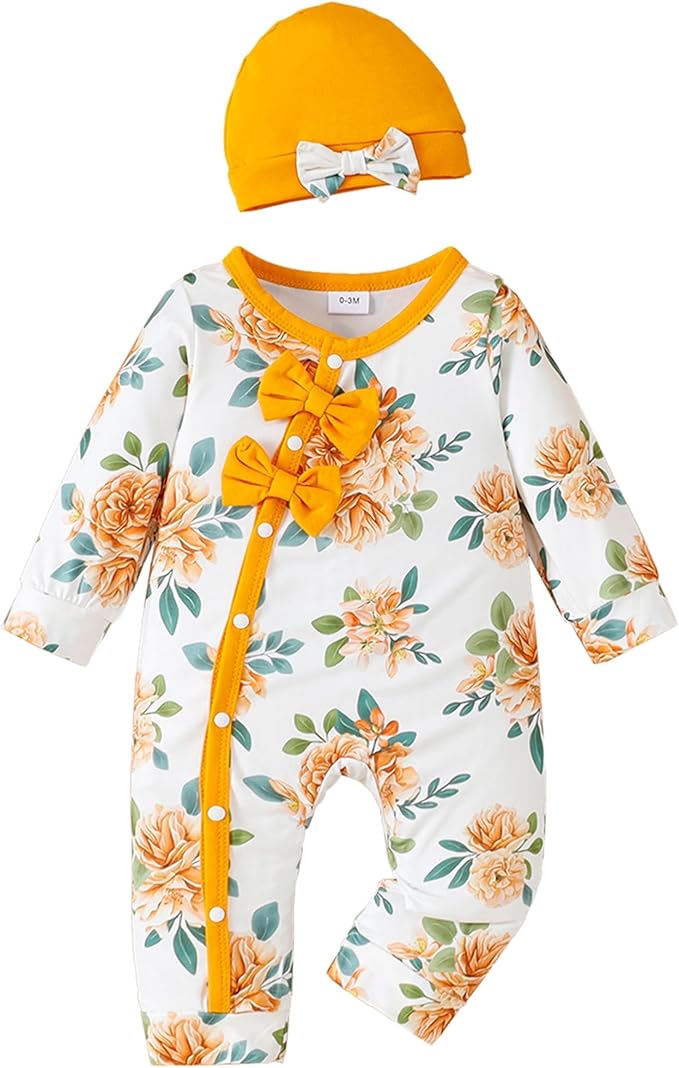 Mioglrie Newborn Baby Girl Clothes Long Sleeve Romper Infant Fall Winter Outfits Floral Hat Jumpsuit Preemie Girl Clothes
