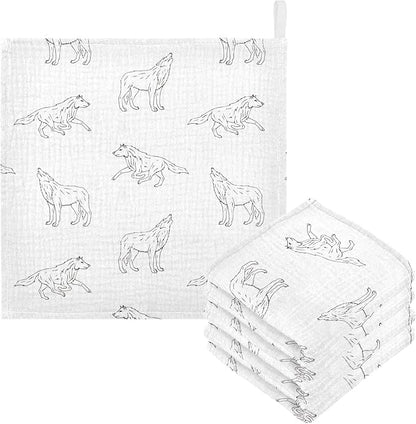 vvfelixl Wolf Black Outline Sketch Baby Burp Cloths Baby Muslin Washcloths for Boys Girls Cotton Baby Face Towel for Newborn Infants Soft and Absorbent 11.8 X 11.8 in, 5 Pack