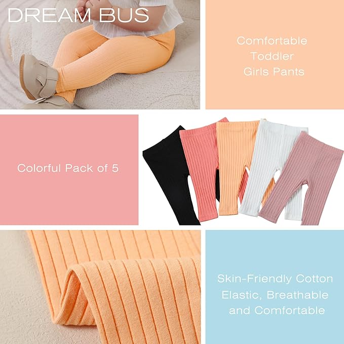 DREAM BUS 5 Pack Toddler Girl Pants Baby Girl Solid Ribbed Pants Toddler Girls Bottoms Leggings Newborn Cotton Jogger