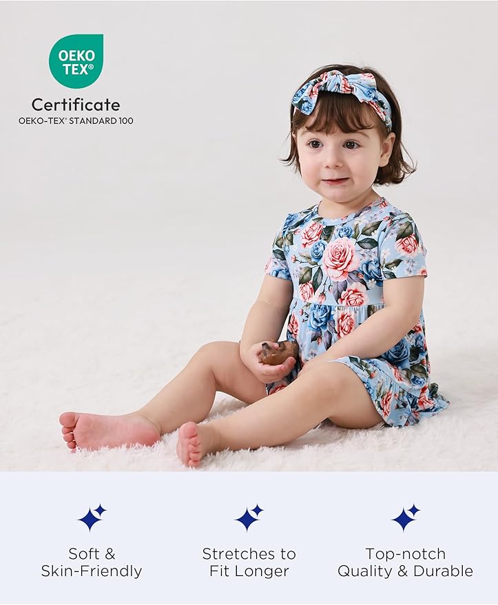 Infant Baby Girl Bodysuit Dress with Hairband Set, Bamboo Viscose Summer Clothes Outfit
