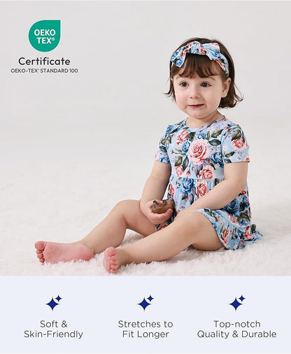 Infant Baby Girl Bodysuit Dress with Hairband Set, Bamboo Viscose Summer Clothes Outfit