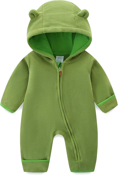 Newborn Baby Bear Onesie Winter Snowsuit With Fold-over Mittens & Footies Zip Up Baby Fleece Jumpsuit 0-18M