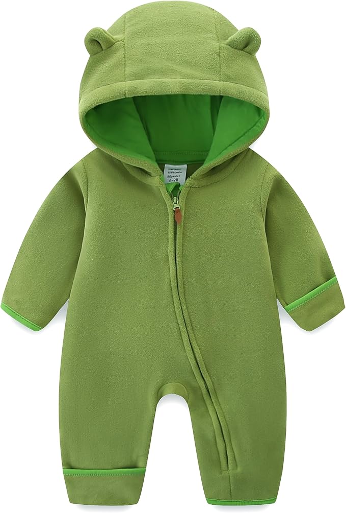 Newborn Baby Bear Onesie Winter Snowsuit With Fold-over Mittens & Footies Zip Up Baby Fleece Jumpsuit 0-18M