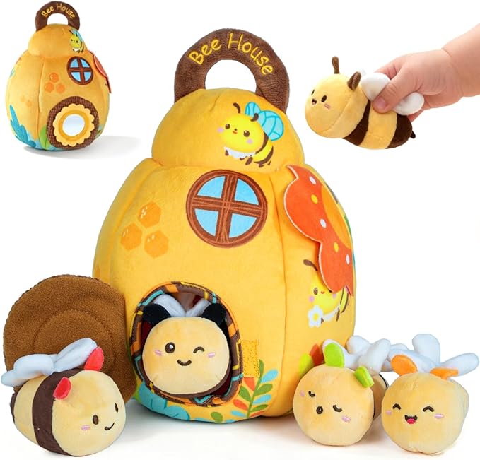 Baby Toys for Baby Infant 0-3-6-12 Months, Soft Beehive Toddlers Busy Toys with 5 Sensory Plush Bees - Bells, Crinkle, Rattles, Mirror & Textures, Stuffed Animals for Boy, Girl Christmas Birthday Gift