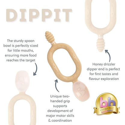 Bibado - Dippit Baby Spoon and Dipper, Fawn (2-Pack) - Soft, Chewable Dipper & Deep Spoon - Two-Hand, Sensory Grip - Toddler Utensils - Baby Led Weaning Supplies - Baby Essentials - 6 Months+
