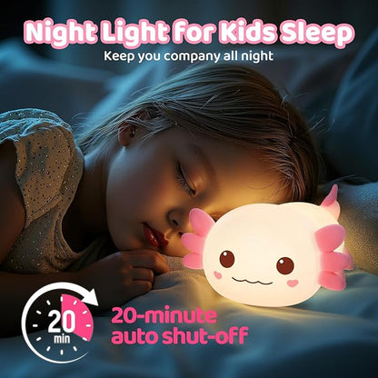 Mewaii Huggwaii Squishy Axolotl Night Light for Kids – Dimmable Silicone Axolotl Lamp, 2025 Upgraded Baby Night Light, Rechargeable, 20H Battery Life, Sleep Aid Gift for Toddlers, Girls&Room Decor