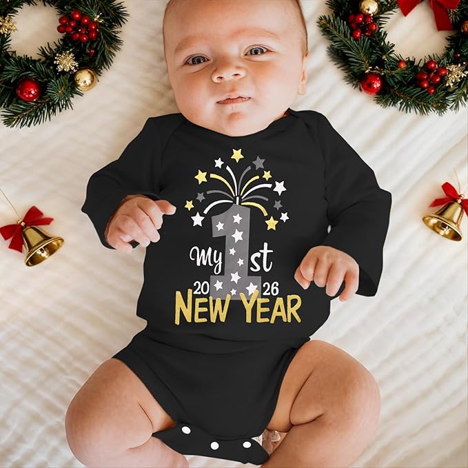 My First New Years Baby Boy Girl Outfit Newborn Long Sleeve Romper Infant Onesie Firework Print Bodysuit Clothes