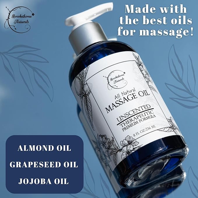 Unscented Massage Oil for Massage Therapy – 100% Natural Body Oil with Sweet Almond, Grapeseed & Jojoba for Premium Glide – Pure Carrier Blend for Aromatherapy – Brookethorne Naturals (Pack of 2)