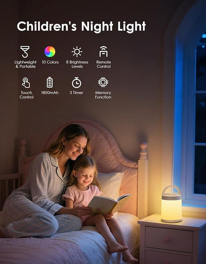 One Fire Night Light for Kids Night Light,10 Colors+8 Dimmable Baby Night Lights for Nursery Lamp,Portable+Remote+Touch Nightlight for Kids Room,1800mAh Tap Light Rechargeable Night Light Cream White