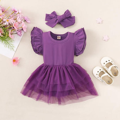 Baby Girl Clothes Infant Ruffle Sleeve Romper Dress Newborn Solid Tutu Skirt Sets Jumpsuit Headband Outfit