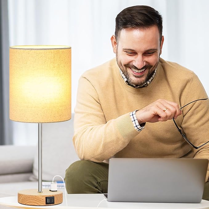 Lynnoland Set of 2 Touch Wood Table Lamps, Bedroom Lamps with 2 USB AC Outlet, 3-Way Dimmable Bedside Nightstand Lamps for Bedroom Living Room Nursery, 800 Lumens 2700K Bulbs Included