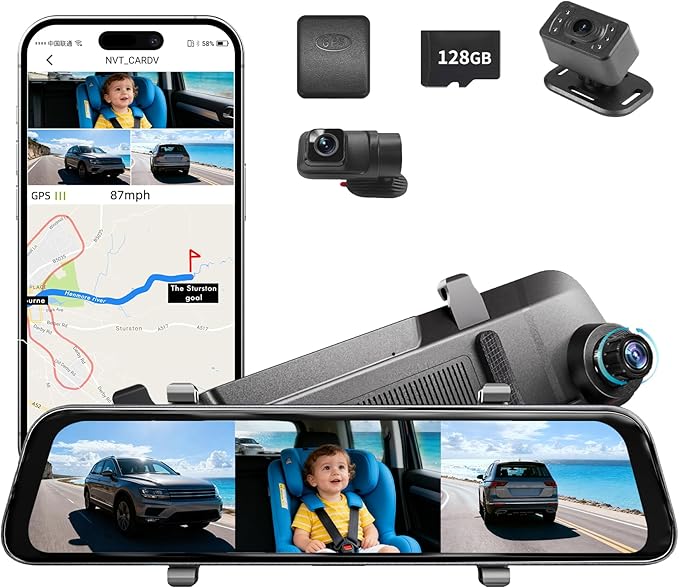 2-in-1 4K Mirror Dash Cam with Baby Monitor for Carseat, 12" 2.5K Rear View Mirror Camera with Backseat Car Baby Camera 1080P,WiFi,GPS,APP,Nigh Vision,128G SD Card,Dash Camera for Family Car Safety