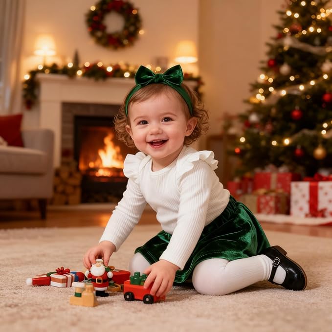 Baby Girls Christmas Outfit Long Sleeve Ruffled Romper+Green Red Velvet Tutu Skirt+Headband Xmas Dress