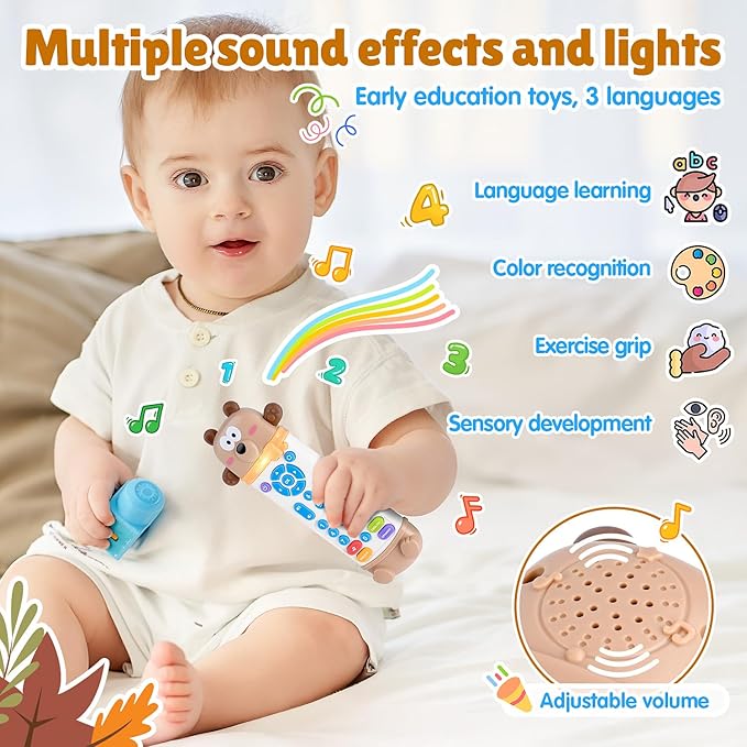 Baby Remote Control Toy with Silicone Teether, Realistic Lights & Sounds, 3 Languages (English, Spanish & French), Baby Musical Toys Gifts for Boys Girls 6 Month+
