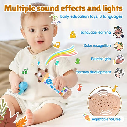 Baby Remote Control Toy with Silicone Teether, Realistic Lights & Sounds, 3 Languages (English, Spanish & French), Baby Musical Toys Gifts for Boys Girls 6 Month+