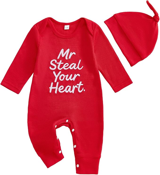 Baby Valentines Outfit Girl Boys Long Sleeve Footie Rib Onesie knot Hat Spring Clothes Newborn Outfits Infant Set