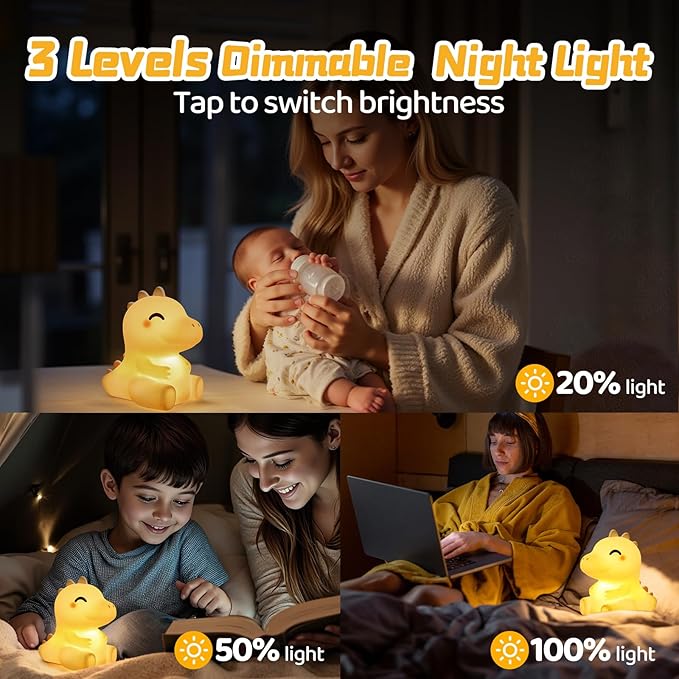 Mewaii Huggwaii Squishy Dinosaur Night Light for Kids, 4 White Noise Dimmable Silicone Kids Night Light, Long Battery Life Rechargeable Dinosaur Lamp,Toddler Nightlight,Boys & Baby Gifts Room Decor
