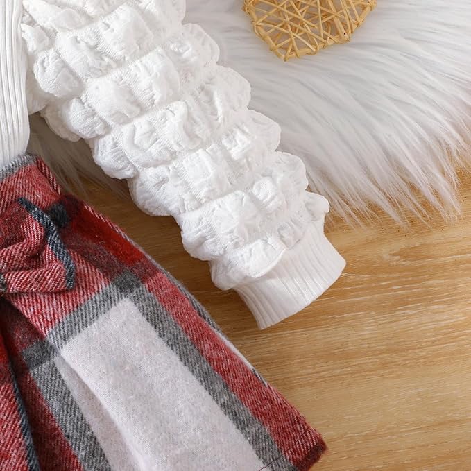 Toddler Baby Girl Plaid Dress Puff Sleeve Bow Patchwork Ribbed Shirts Dress Plaid Fall Winter Outfits with Headband