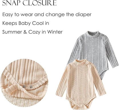 DEFAHN Baby Turtleneck Bodysuit Long Sleeve Boy Girl Ribbed Knit Jumpsuit Outfit 2 Pack Baby Solid Onsies 0-24 Months