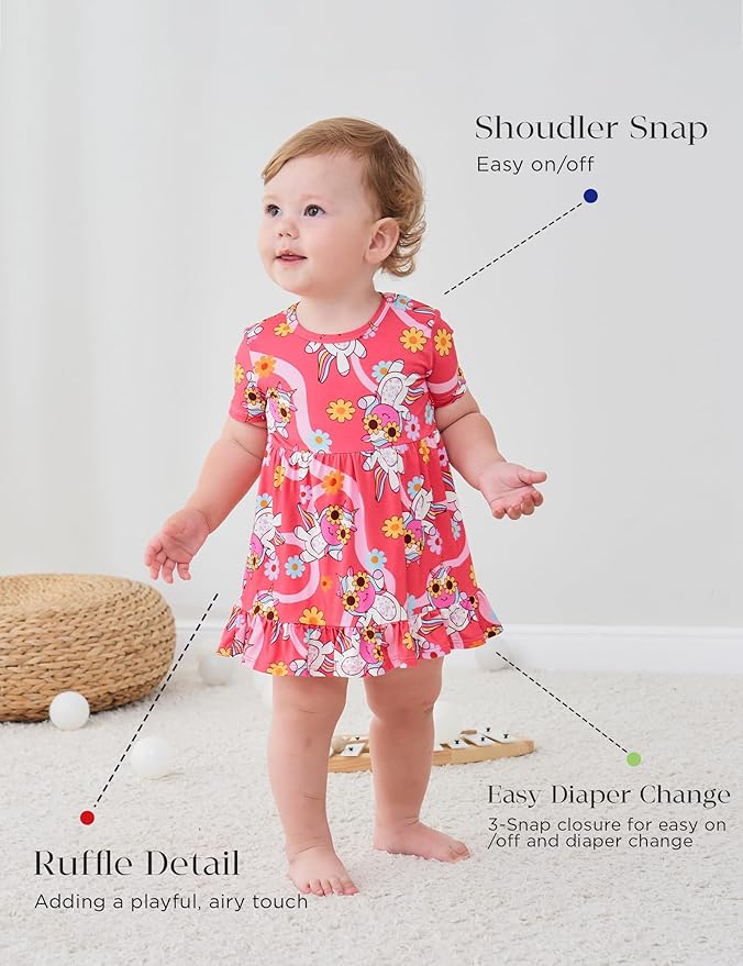 Infant Baby Girl Bodysuit Dress with Hairband Set, Bamboo Viscose Summer Clothes Outfit