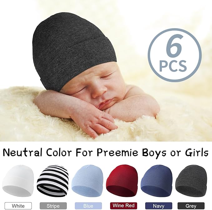 Newcotte 6 Pcs Preemie Baby Hats Cotton Preemie Caps Warm Newborn Beanie Premature Hat for Nicu Premature Boy Girl