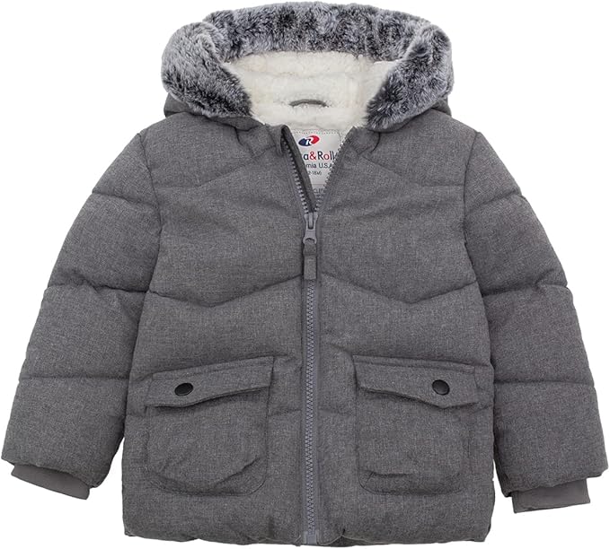 Rokka&Rolla Baby Boys' Sherpa Lined Puffer Jacket Warm Winter Coat with Mini Fur Trim Hood for Newborn Infants Toddler
