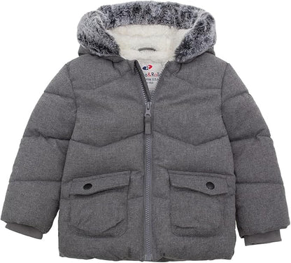Rokka&Rolla Baby Boys' Sherpa Lined Puffer Jacket Warm Winter Coat with Mini Fur Trim Hood for Newborn Infants Toddler