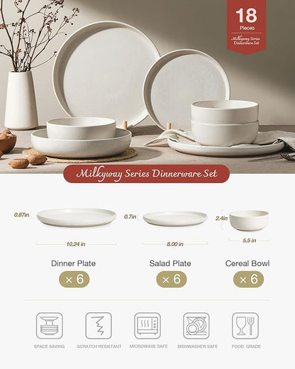 Famiware Milkyway Plates and Bowls Sets, 18 Pieces Dinnerware Sets, Reactive Glaze Dish Set, Stoneware Dishes Set for 6, Matte Beige White
