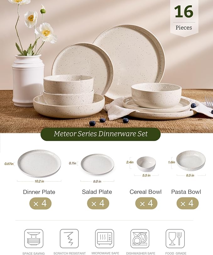 Famiware Meteor Stoneware Dinnerware Sets with Pasta Bowls, Service for 4 (16 Pieces), Plates and Bowls Sets, Microwave and Dishwasher Safe Dishes Set, Creamy White