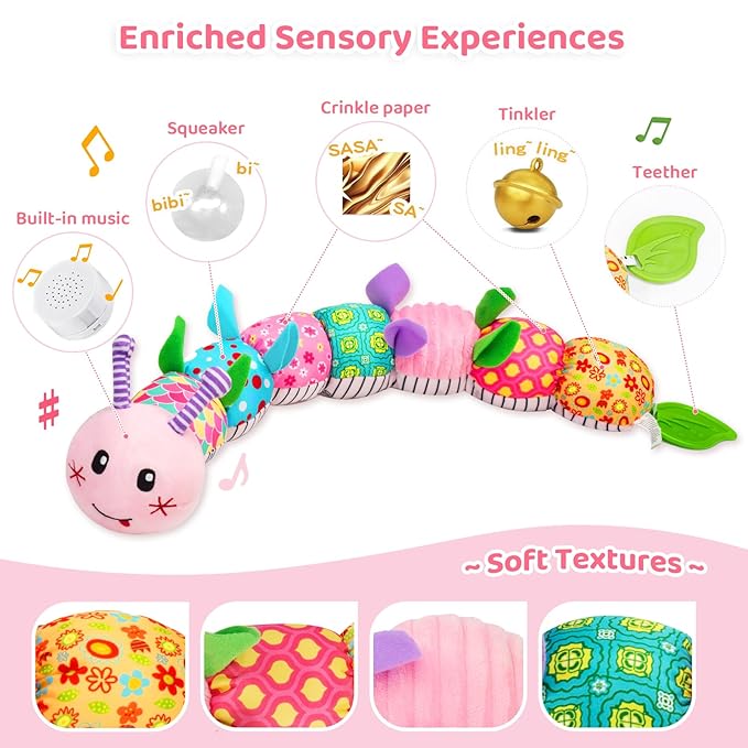 Baby Toys 0-12 Months, Caterpillar Musical Plush Stuffed Toy for Infant, Animal Soft Rattle Sensory Toys with Teether for Tummy Time, Newborn Boy& Girl Shower Birthday Halloween Christmas Gift