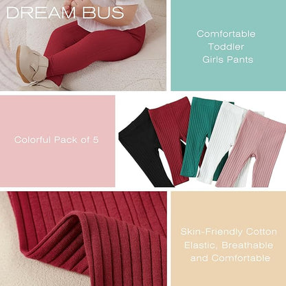 DREAM BUS 5 Pack Toddler Girl Pants Baby Girl Solid Ribbed Pants Toddler Girls Bottoms Leggings Newborn Cotton Jogger