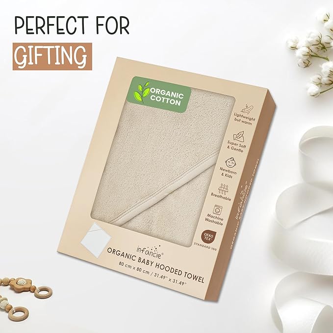 Organic Cotton Plush Woven Hooded Baby Towels, 31x31 Inches, Plush Bath Towels with Hood for Newborns and Kids, Girls & Boys (Ivory, 31.4" L x 31.4" W)