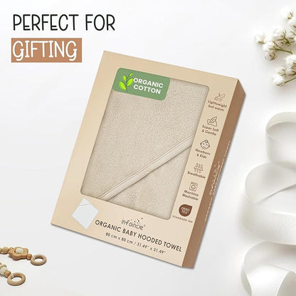 Organic Cotton Plush Woven Hooded Baby Towels, 31x31 Inches, Plush Bath Towels with Hood for Newborns and Kids, Girls & Boys (Ivory, 31.4" L x 31.4" W)