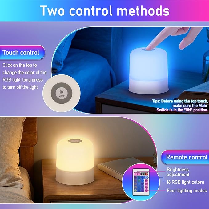 Night Light Bedside Lamp with Touch and Remote Control, 13 RGB Colors Changing 5 Brightness Dimmable Table lamp, Rechargeable Portable Desk Lamp for Baby Kids Nursery Bedroom Outdoor Camping
