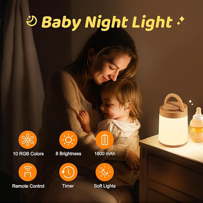 One Fire Night Light for Nursery, 10 Colors Dimmable Baby Night Lights for Nursery,1800mAh Rechargeable Lamp for Kids Lamp,Remote+Timer Kids Lantern,Portable Night Light for Baby Light Wood Grain