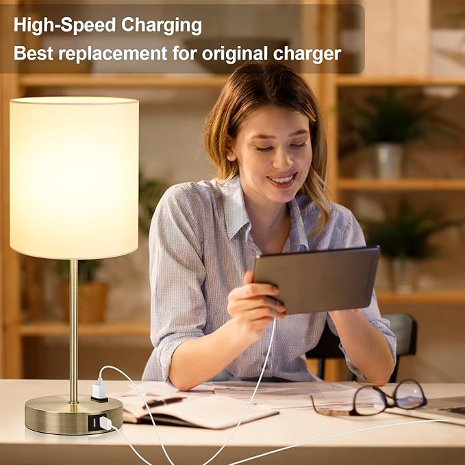 Lynnoland Set of 2 Touch Control Table Lamps with 2 USB & AC Outlet, 3-Way Dimmable Bedside Nightstand Lamps for Bedroom Living Room Nursery, 800 Lumens 3000K Warmlight Bulbs Included