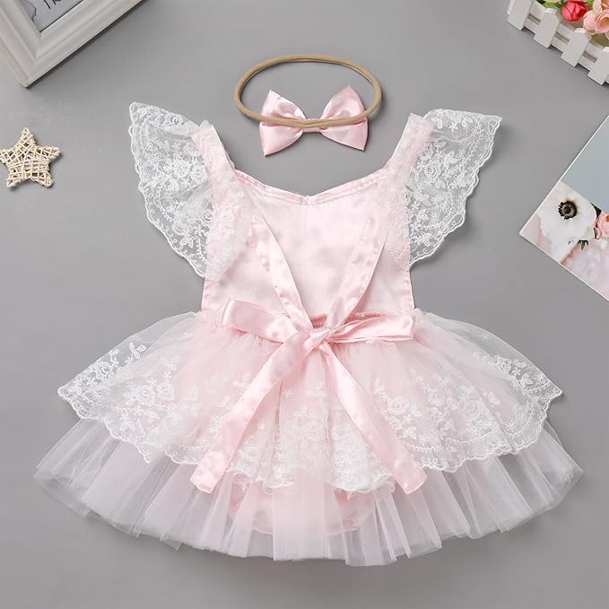 FYMNSI Infant Baby Girl 1st Birthday Outfit Floral Lace Tulle Romper Tutu Dress Headband 2PCS Bodysuit Princess Summer Clothe