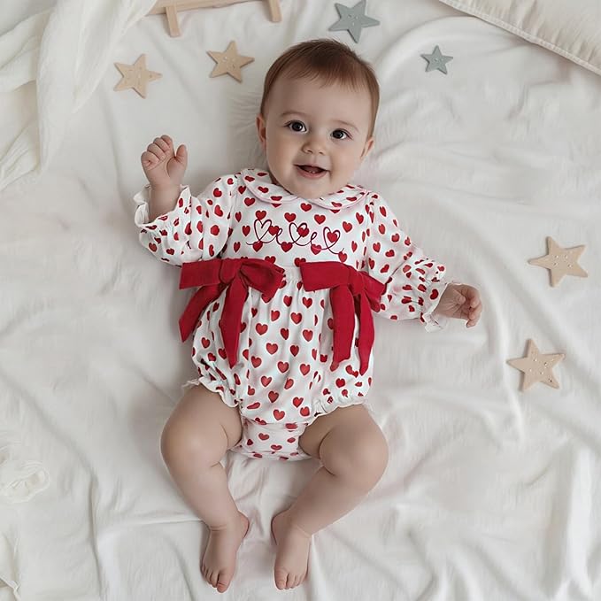 WASAIGOOD Newborn Baby Girl Valentines Romper Infant Doll Neck Bubble Sleeve Bodysuit Heart Outfit Baby Valentines Day Onesie