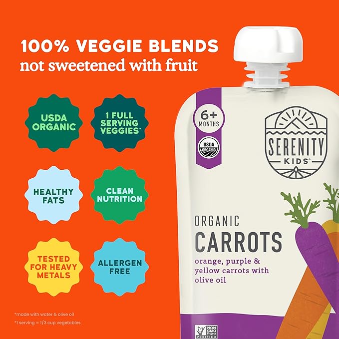 Serenity Kids 6+ USDA Months Organic Carrot Veggie Puree Baby Food Pouches - 3.5 oz Pack of 12 - Organic, BPA-Free & Allergen Free Baby Snacks - No Sugary Fruits & No Added Sugar - 3.5 Oz, 12 Pack