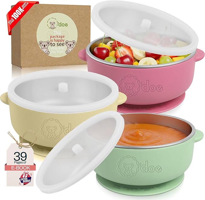 o'doe Baby Bowls with Lids – Stainless Steel Baby Feeding Bowls with Suction | Non-Slip Toddler Bowls for Self Feeding | BPA-Free Kids Bowls for Babys Food & Snacks | Stainless Steel Bowls Kids
