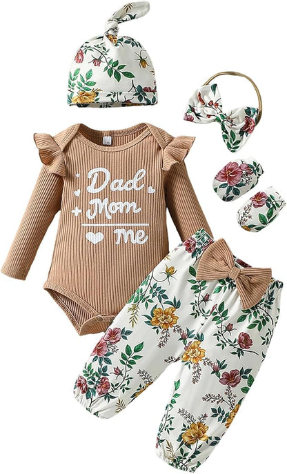 ChuYuKu Baby Girls Newborn Long Sleeve Romper Infant Winter Clothes Floral Pants Outfits with Headband & Mittens 0-6M